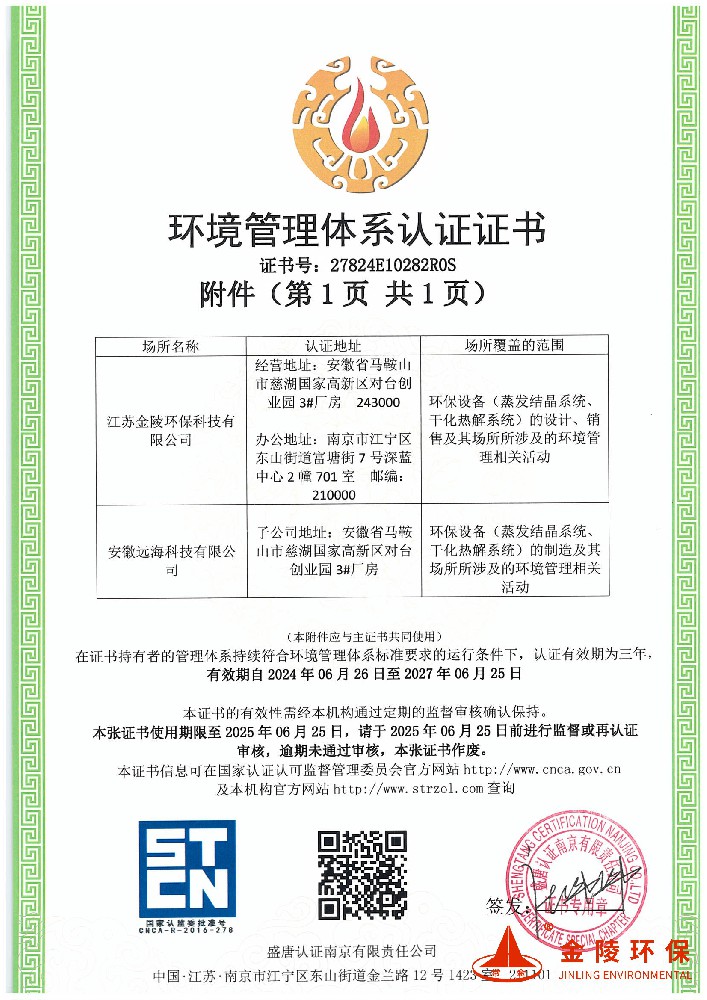 环境管理体系认证证书附件