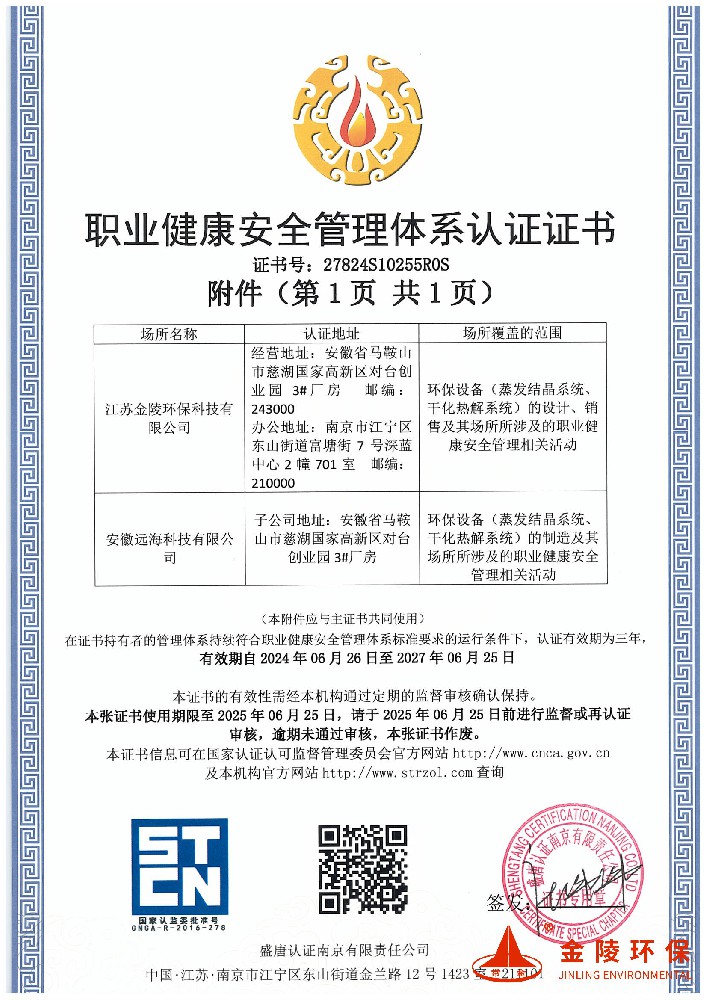 职业健康安全管理体系认证证书附件